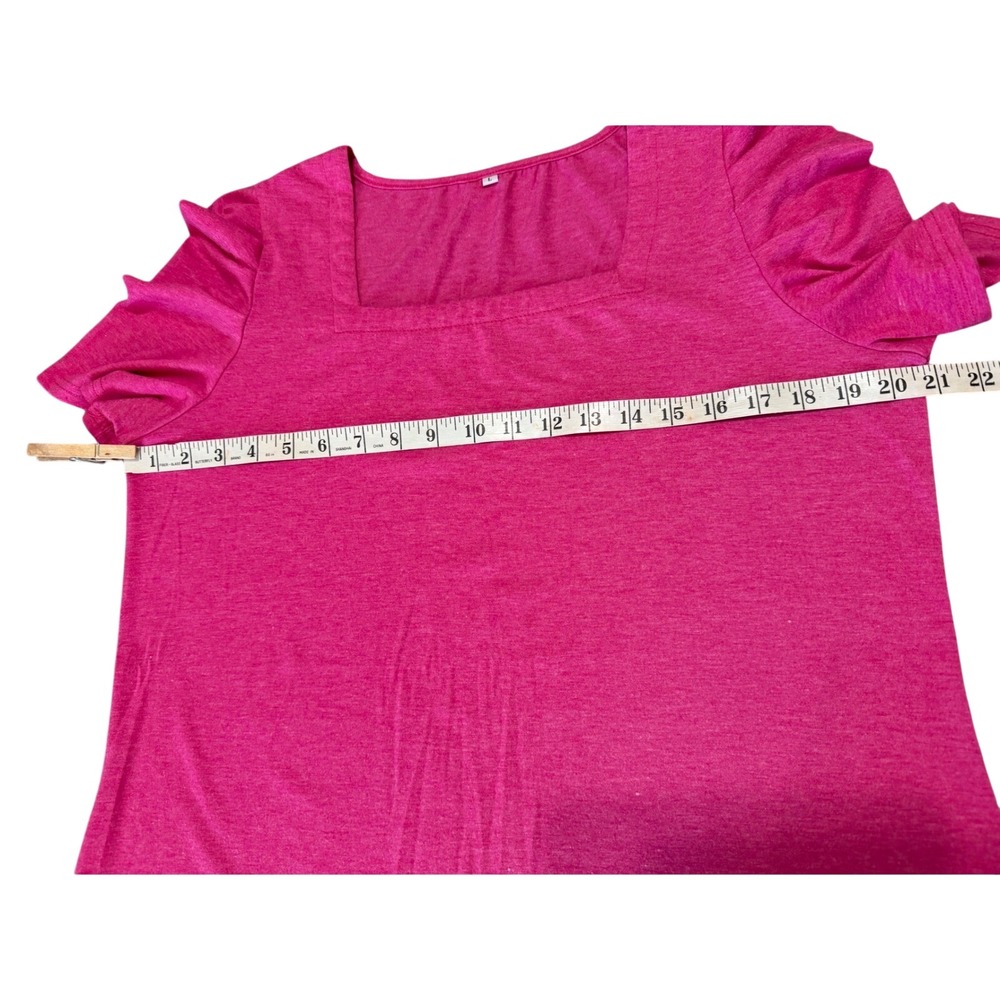 Pink Square Neck Puff Sleeve Top Heathered Pleated Short Sleeve Blouse Large - Picture 8 of 8